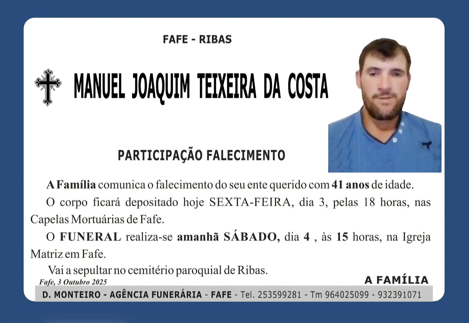 Homem de fafe que morreu em despiste de trator em celorico de basto vai ser sepultado no sábado